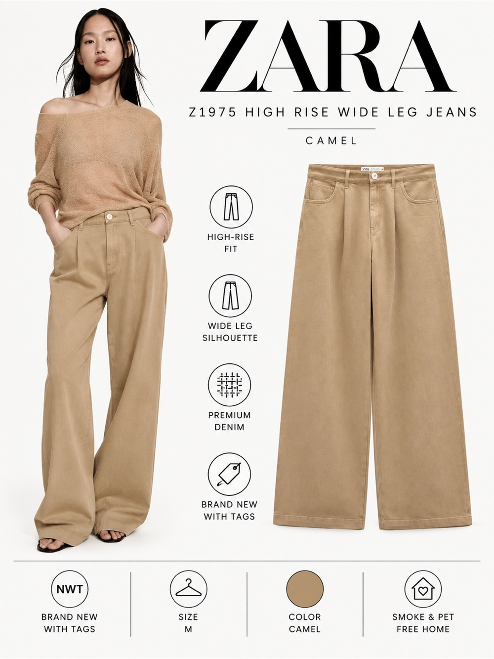 ZARA Z1975 Camel High Rise Wide Leg Jeans NWT Size M